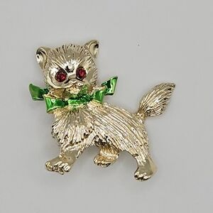 Vintage Gold Cat Brooch with Green Bow and Red Rhinestone Eyes